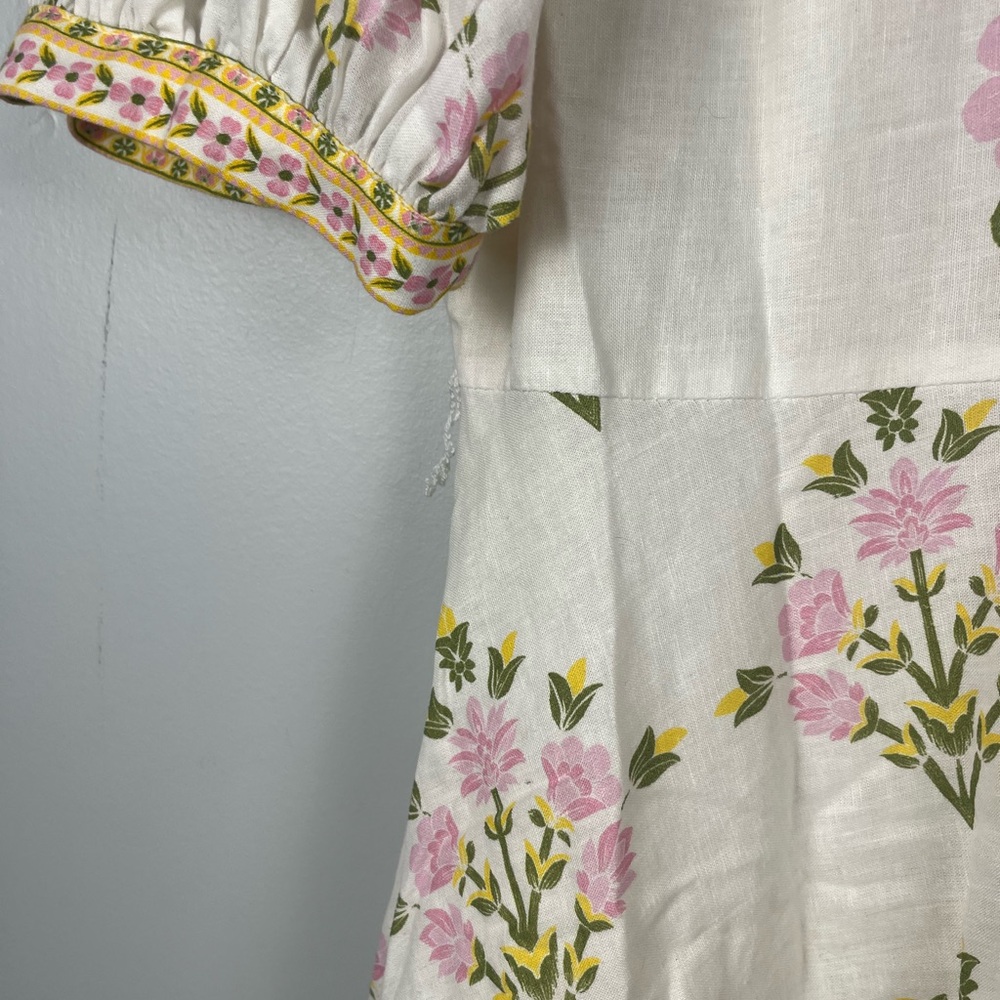 A loves a white pink green Bubble Sleeve Floral Dress MISSING BELT size large - Picture 3 of 9
